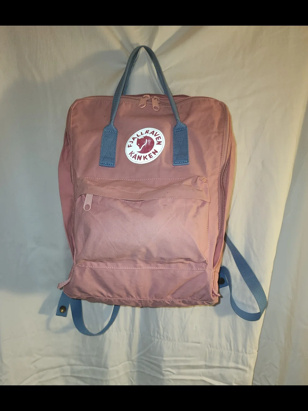 Fjallraven Kanken Rose Pink Backpack with Blue Straps
